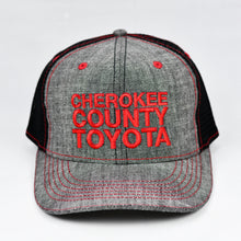 Load image into Gallery viewer, Dark Grey Chambray & Black Slight-Curve Flat-Bill Snap-Back Trucker