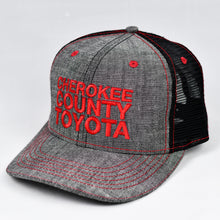 Load image into Gallery viewer, Dark Grey Chambray & Black Slight-Curve Flat-Bill Snap-Back Trucker