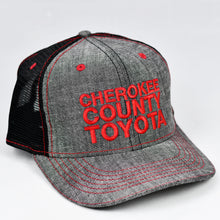 Load image into Gallery viewer, Dark Grey Chambray & Black Slight-Curve Flat-Bill Snap-Back Trucker