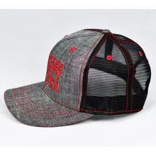 Load image into Gallery viewer, Dark Grey Chambray & Black Slight-Curve Flat-Bill Snap-Back Trucker