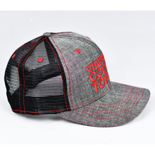 Load image into Gallery viewer, Dark Grey Chambray & Black Slight-Curve Flat-Bill Snap-Back Trucker