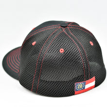 Load image into Gallery viewer, Black & Red Trims Chino Twill & Air-Mesh Slight-Curve Flat-Bill Flex-Fit Trucker
