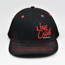 Load image into Gallery viewer, Black & Red Trims Chino Twill & Air-Mesh Slight-Curve Flat-Bill Flex-Fit Trucker