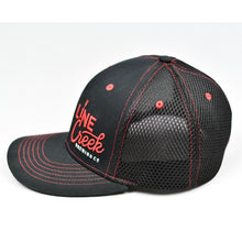 Load image into Gallery viewer, Black & Red Trims Chino Twill & Air-Mesh Slight-Curve Flat-Bill Flex-Fit Trucker
