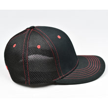 Load image into Gallery viewer, Black & Red Trims Chino Twill & Air-Mesh Slight-Curve Flat-Bill Flex-Fit Trucker