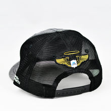 Load image into Gallery viewer, Dark Grey Chambray & Black Slight-Curve Flat-Bill Snap-Back Trucker