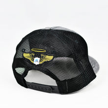 Load image into Gallery viewer, Dark Grey Chambray & Black Slight-Curve Flat-Bill Snap-Back Trucker