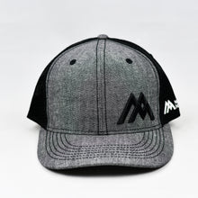 Load image into Gallery viewer, Dark Grey Chambray & Black Slight-Curve Flat-Bill Snap-Back Trucker