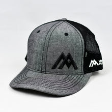 Load image into Gallery viewer, Dark Grey Chambray & Black Slight-Curve Flat-Bill Snap-Back Trucker