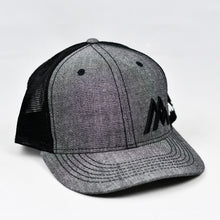 Load image into Gallery viewer, Dark Grey Chambray & Black Slight-Curve Flat-Bill Snap-Back Trucker