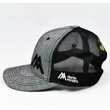 Load image into Gallery viewer, Dark Grey Chambray & Black Slight-Curve Flat-Bill Snap-Back Trucker
