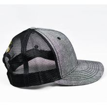 Load image into Gallery viewer, Dark Grey Chambray & Black Slight-Curve Flat-Bill Snap-Back Trucker