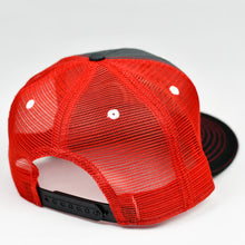 Load image into Gallery viewer, Charcoal / Black Chino Twill & Red Slight-Curve Flat-Bill Snap-Back Trucker
