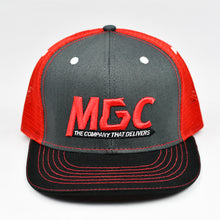 Load image into Gallery viewer, Charcoal / Black Chino Twill & Red Slight-Curve Flat-Bill Snap-Back Trucker
