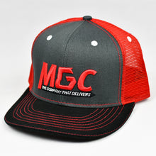 Load image into Gallery viewer, Charcoal / Black Chino Twill & Red Slight-Curve Flat-Bill Snap-Back Trucker