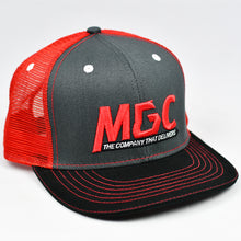 Load image into Gallery viewer, Charcoal / Black Chino Twill & Red Slight-Curve Flat-Bill Snap-Back Trucker