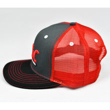 Load image into Gallery viewer, Charcoal / Black Chino Twill & Red Slight-Curve Flat-Bill Snap-Back Trucker