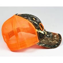 Load image into Gallery viewer, Mossy Oak Camo & Fluorescent Orange Semi-Pro Snap-Back Trucker
