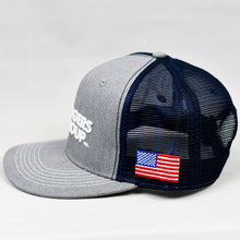 Load image into Gallery viewer, Heather Grey & Navy Slight-Curve Flat-Bill Snap-Back Trucker