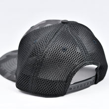 Load image into Gallery viewer, Midnight Black Camo Slight-Curve Flat-Bill Snap-Back Air-Mesh Trucker