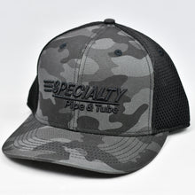 Load image into Gallery viewer, Midnight Black Camo Slight-Curve Flat-Bill Snap-Back Air-Mesh Trucker
