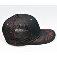 Load image into Gallery viewer, Black &amp; Red Trims Chino Twill &amp; Air-Mesh Slight-Curve Flat-Bill Flex-Fit Trucker
