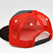 Load image into Gallery viewer, Charcoal / Black Chino Twill &amp; Red Slight-Curve Flat-Bill Snap-Back Trucker
