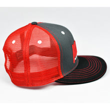 Load image into Gallery viewer, Charcoal / Black Chino Twill &amp; Red Slight-Curve Flat-Bill Snap-Back Trucker
