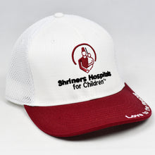 Load image into Gallery viewer, White &amp; Wine Red Chino Twill Black Slight-Curve Flat-Bill Air-Mesh Trucker
